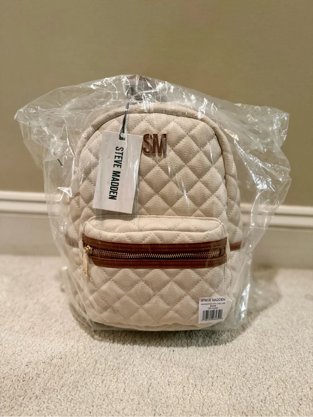 Steve Madden Beige Quilted Mini Backpack with Brown Accent